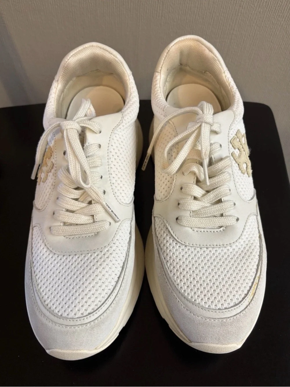 Tory Burch Cream and Gold Platform Lace-Up Sneakers